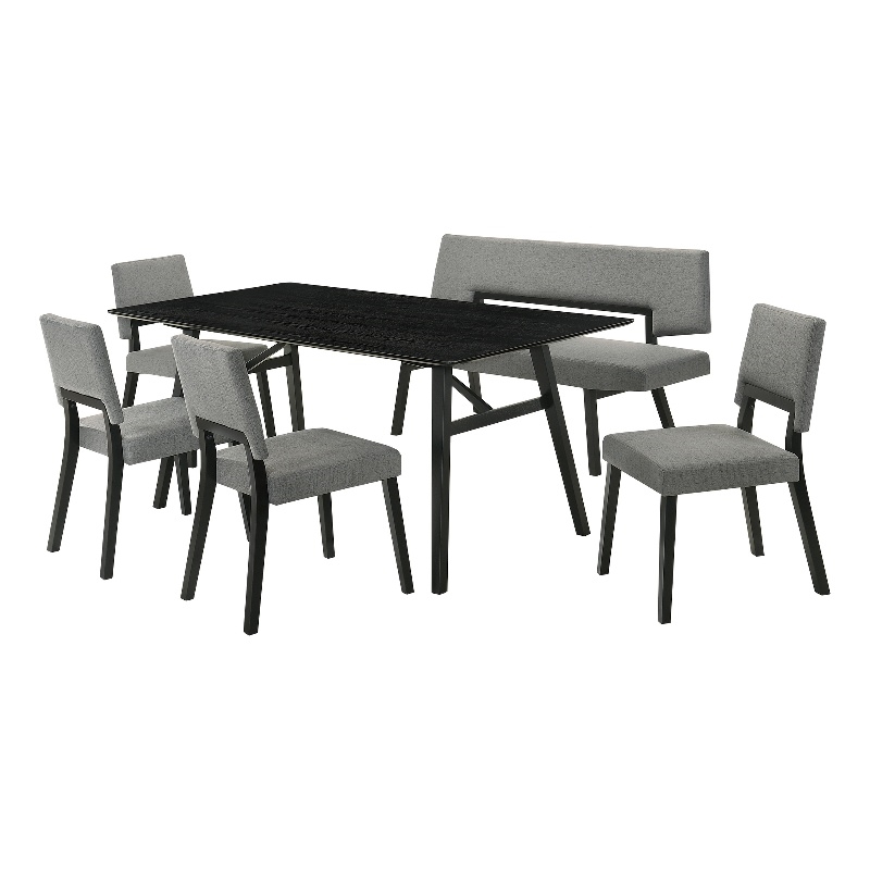 Channell 6 Piece Black Wood Dining Table Set with Bench in Charcoal Fabric