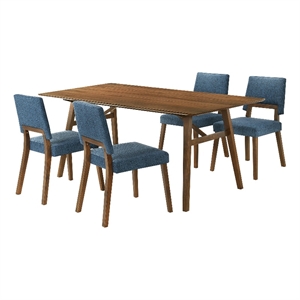Channell 5 Piece Walnut Wood Dining Table Set with Blue Fabric