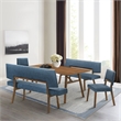 Channell 5 Piece Walnut Wood Dining Table Set with Benches in Blue Fabric