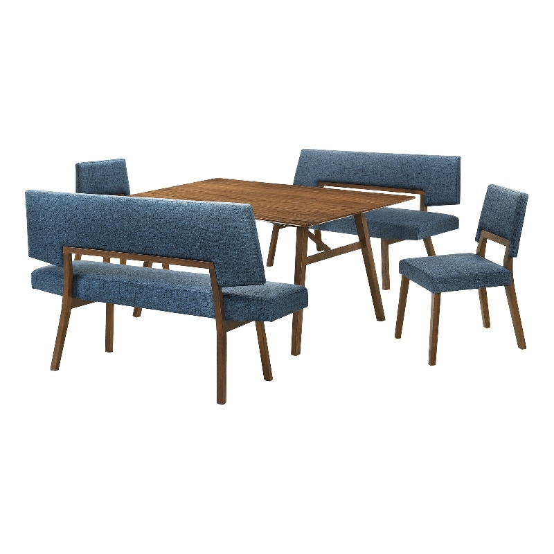 Channell 5 Piece Walnut Wood Dining Table Set with Benches in Blue Fabric