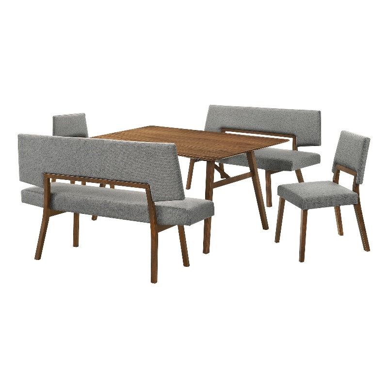 Channell 5 Piece Walnut Wood Dining Table Set with Benches in Charcoal Fabric