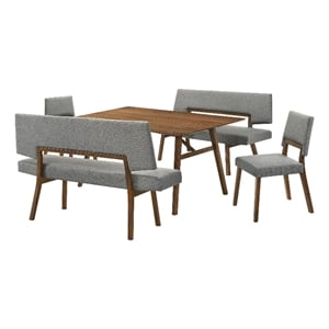 Channell 5 Piece Walnut Wood Dining Table Set with Benches in Charcoal Fabric