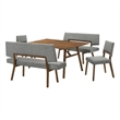 Channell 5 Piece Walnut Wood Dining Table Set with Benches in Charcoal Fabric