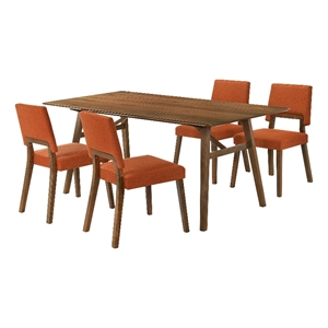 Channell 5 Piece Walnut Wood Dining Table Set with Orange Fabric