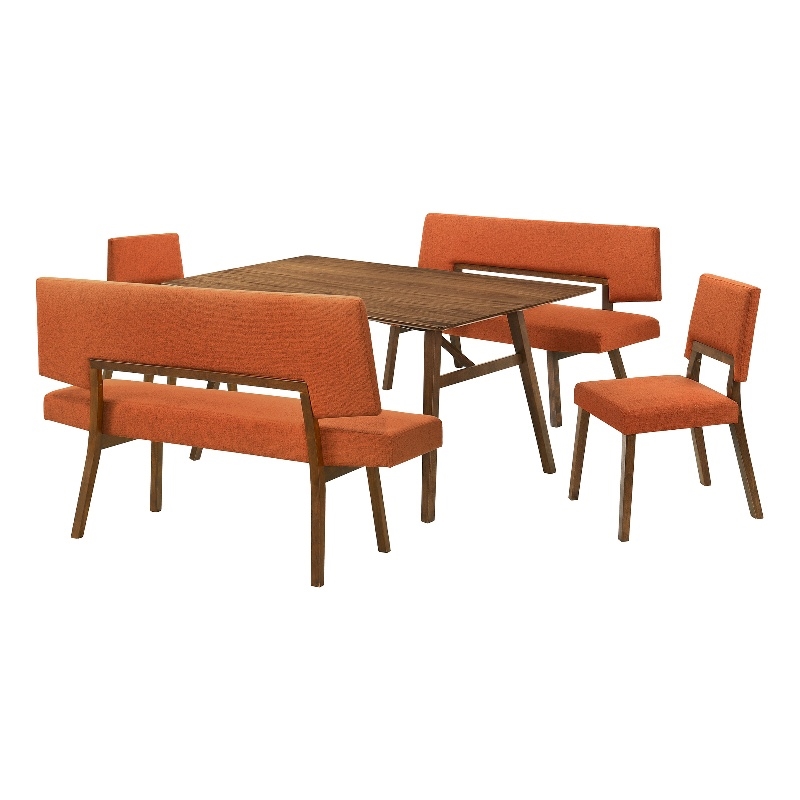 Channell 5 Piece Walnut Wood Dining Table Set with Benches in Orange Fabric
