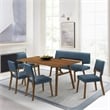 Channell 6 Piece Walnut Wood Dining Table Set with Bench in Blue Fabric
