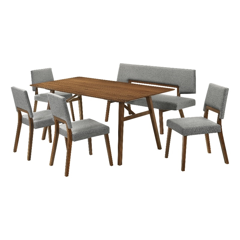 Channell 6 Piece Walnut Wood Dining Table Set with Bench in Charcoal Fabric