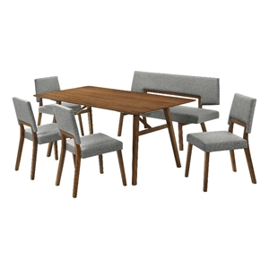 Channell 6 Piece Walnut Wood Dining Table Set with Bench in Charcoal Fabric