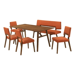 Channell 6 Piece Walnut Wood Dining Table Set with Bench in Orange Fabric