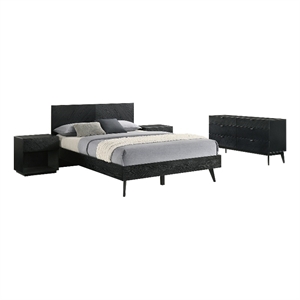 Petra Queen 4 Piece Wood Bedroom Set in Black Finish