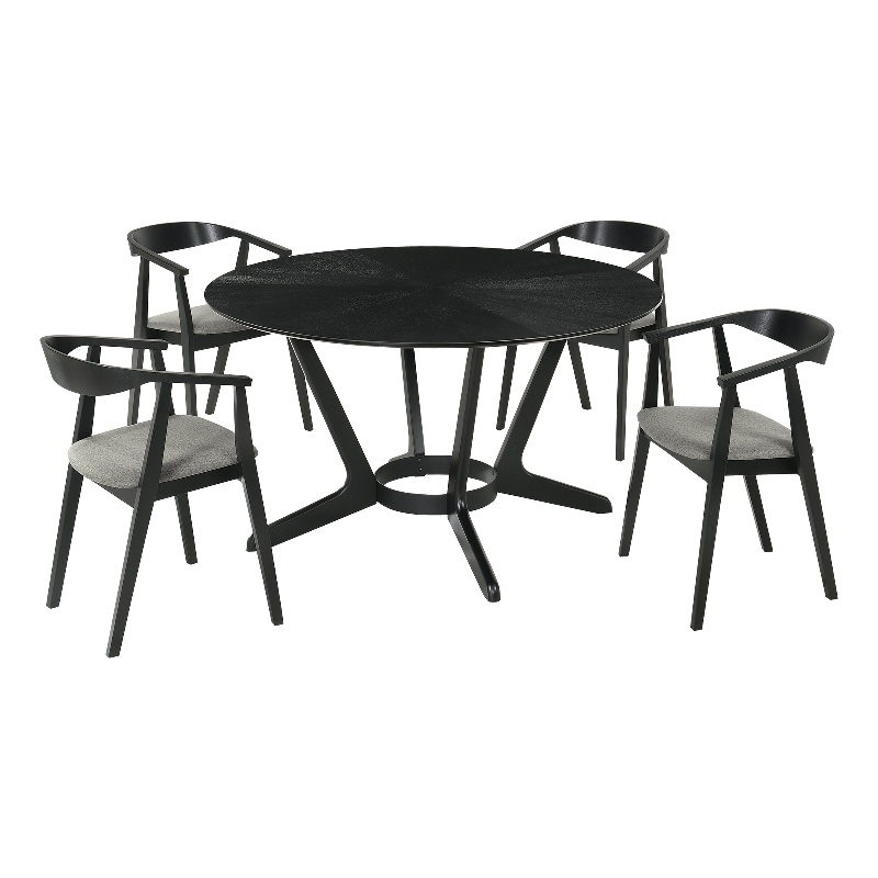 Santana 5 Piece Round Black Wood Dining Table Set with Charcoal Fabric