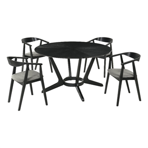 Santana 5 Piece Round Black Wood Dining Table Set with Charcoal Fabric