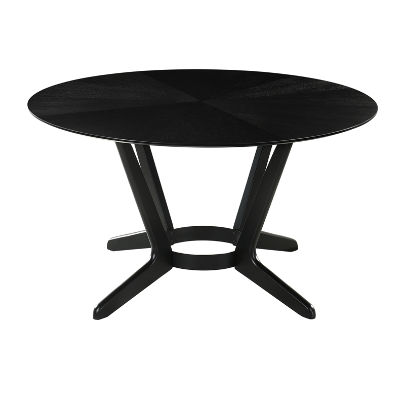 Santana 7 Piece Round Black Wood Dining Table Set with Charcoal Fabric