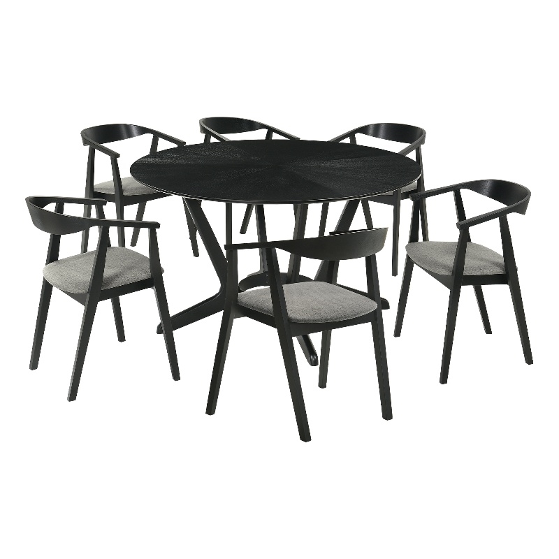 Santana 7 Piece Round Black Wood Dining Table Set with Charcoal Fabric