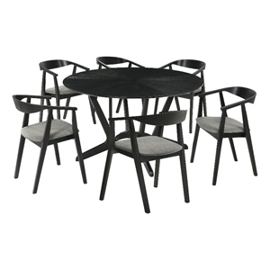Santana 7 Piece Round Black Wood Dining Table Set with Charcoal Fabric