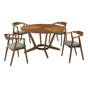 Santana 5 Piece Round Walnut Wood Dining Table Set with Charcoal Fabric
