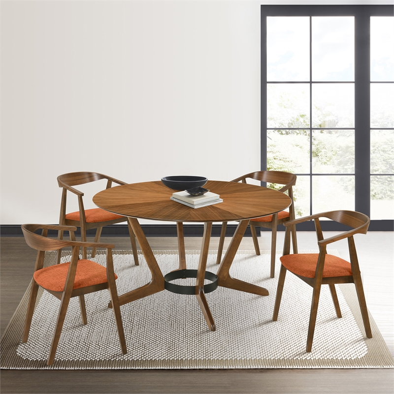 Santana 5 Piece Round Walnut Wood Dining Table Set with Orange Fabric