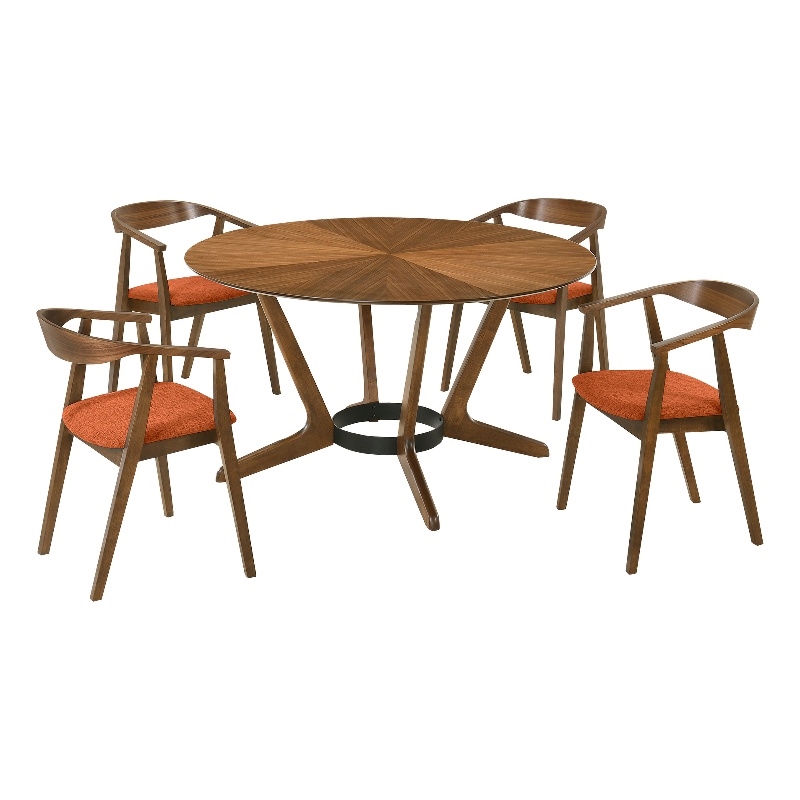 Santana 5 Piece Round Walnut Wood Dining Table Set with Orange Fabric