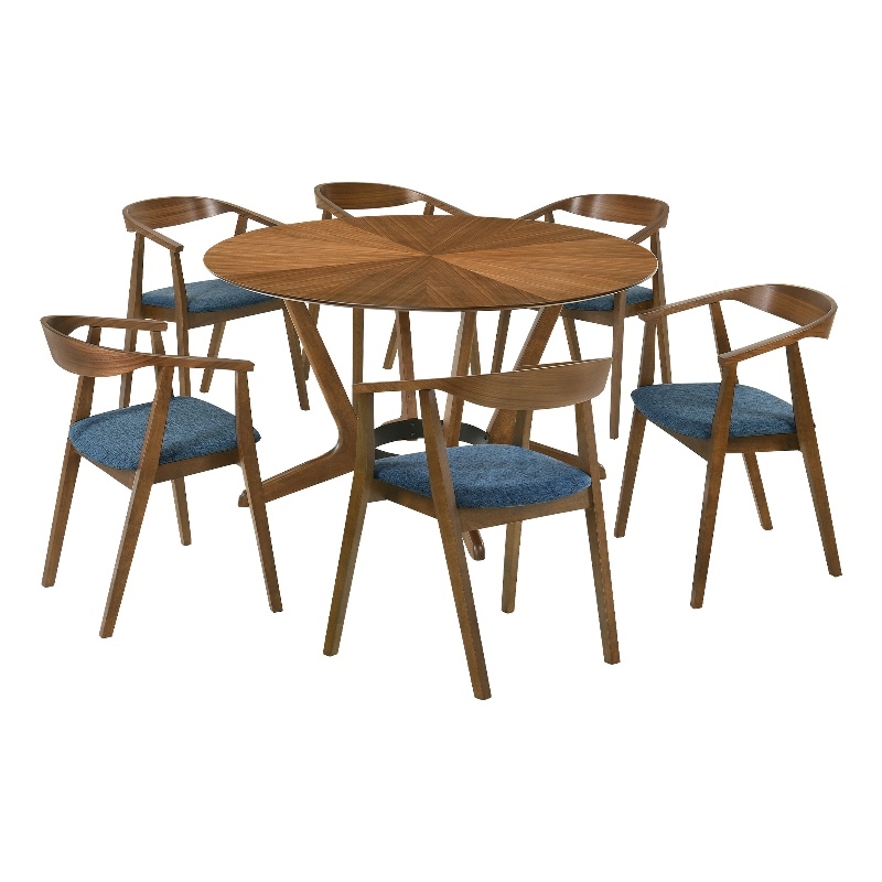 Santana 7 Piece Round Walnut Wood Dining Table Set with Blue Fabric