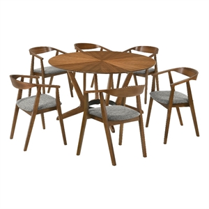 Santana 7 Piece Round Walnut Wood Dining Table Set with Charcoal Fabric