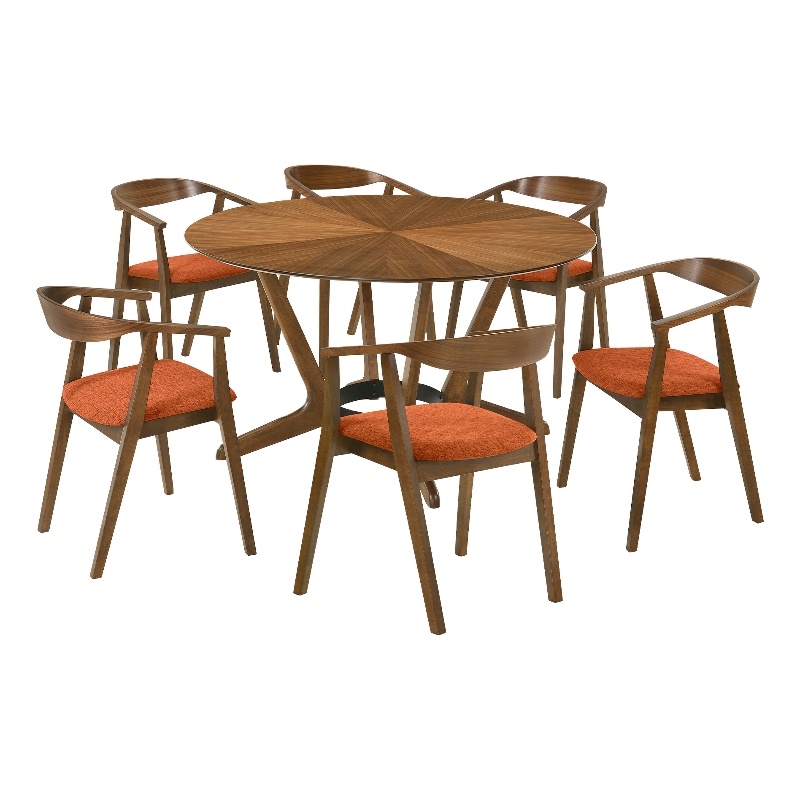 Santana 7 Piece Round Walnut Wood Dining Table Set with Orange Fabric