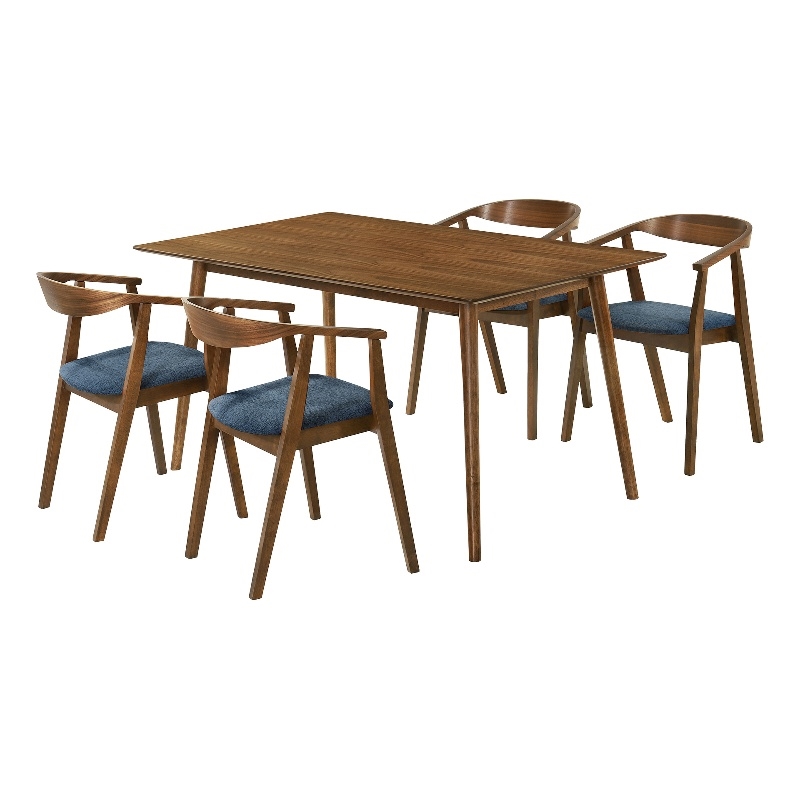 Westmont Santana 5 Piece Walnut Wood Dining Table Set with Blue Fabric