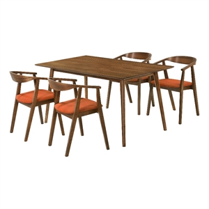 Westmont Santana 5 Piece Walnut Wood Dining Table Set with Orange Fabric