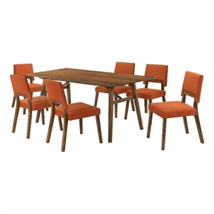 Channell 7 Piece Walnut Wood Dining Table Set with Orange Fabric