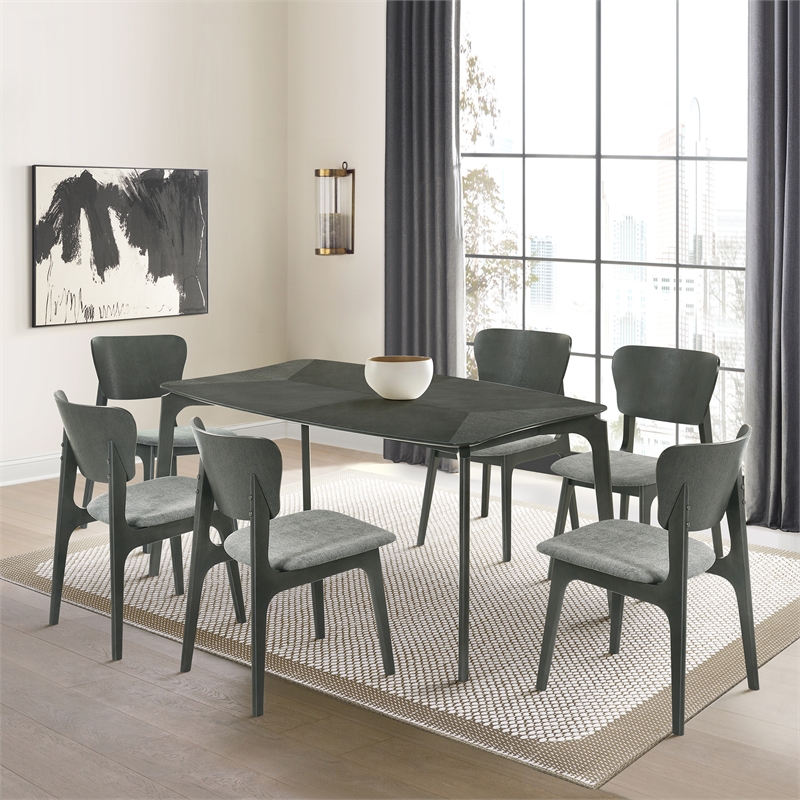 Kalia 7 Piece Wood Dining Set in Gray Finish with Gray Fabric