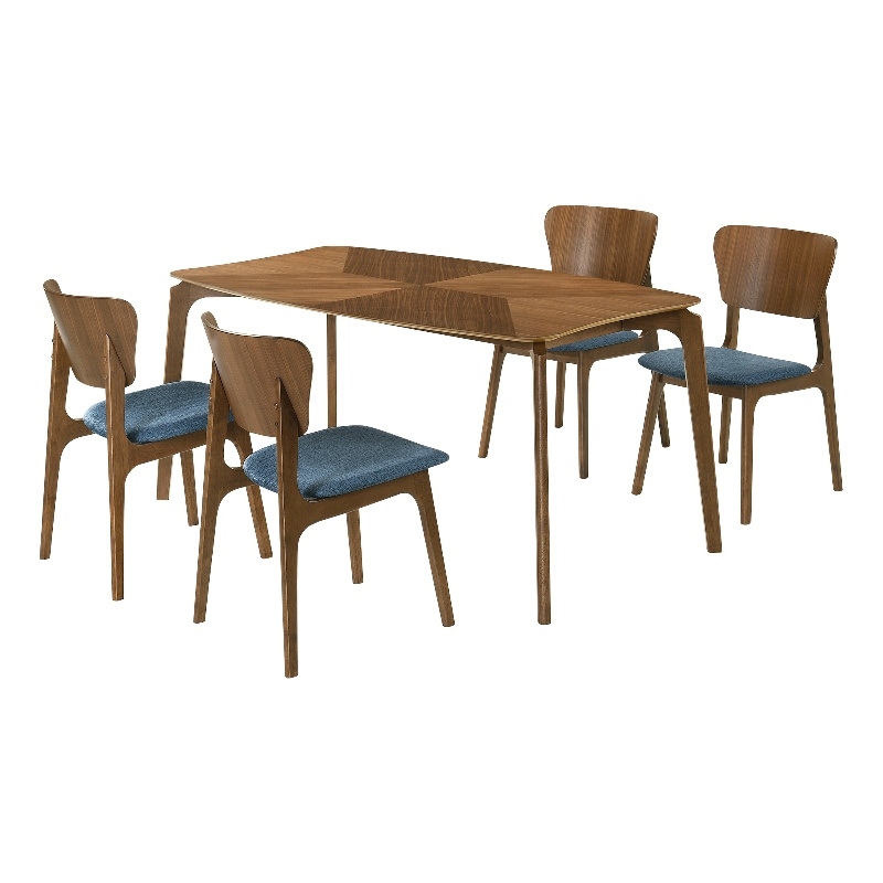 Kalia 5 Piece Wood Dining Set in Walnut Finish with Blue Fabric
