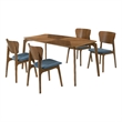 Kalia 5 Piece Wood Dining Set in Walnut Finish with Blue Fabric