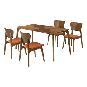 Kalia 5 Piece Wood Dining Set in Walnut Finish with Orange Fabric