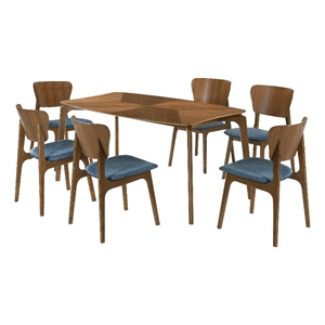 Kalia 7 Piece Wood Dining Set in Walnut Finish with Blue Fabric