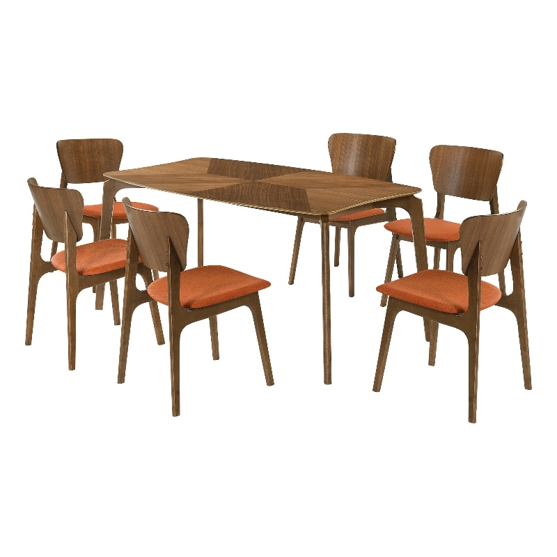 Kalia 7 Piece Wood Dining Set in Walnut Finish with Orange Fabric