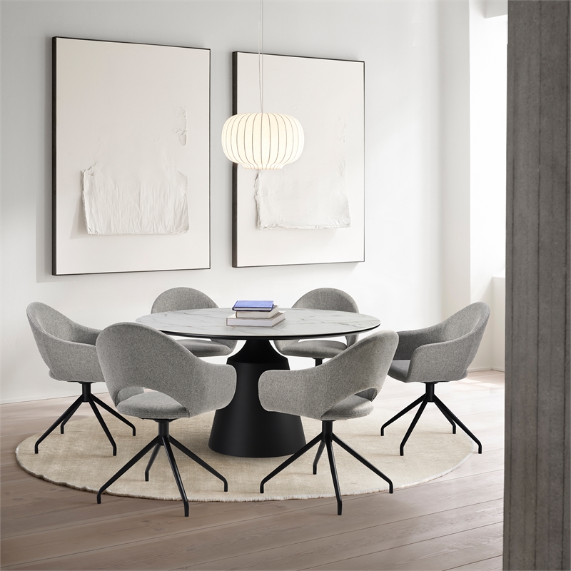 Knox Pria 7 Piece Dining Set with Stone Top and Gray Fabric Chairs