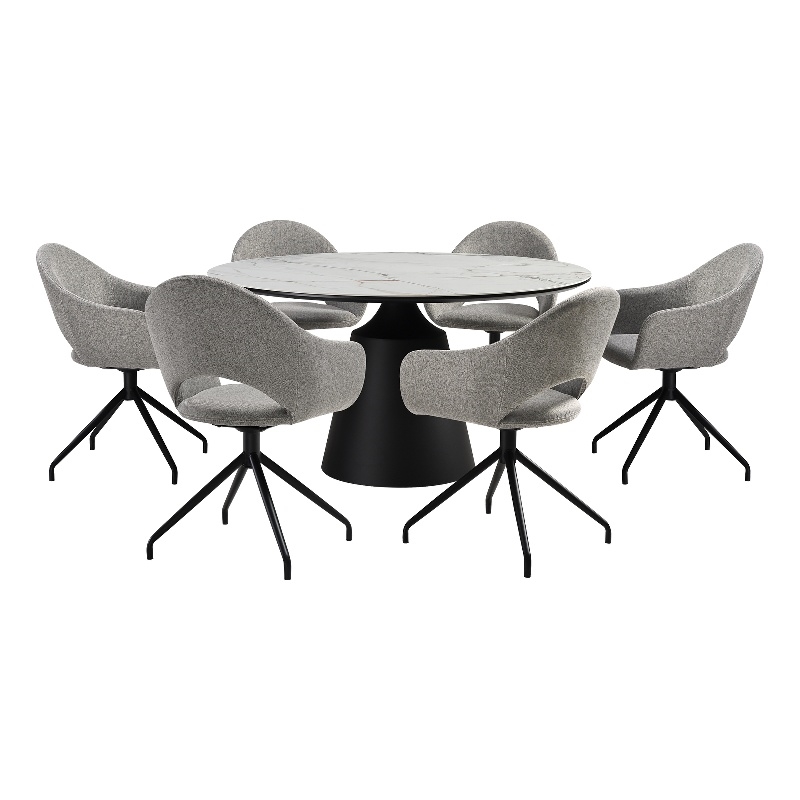 Knox Pria 7 Piece Dining Set with Stone Top and Gray Fabric Chairs