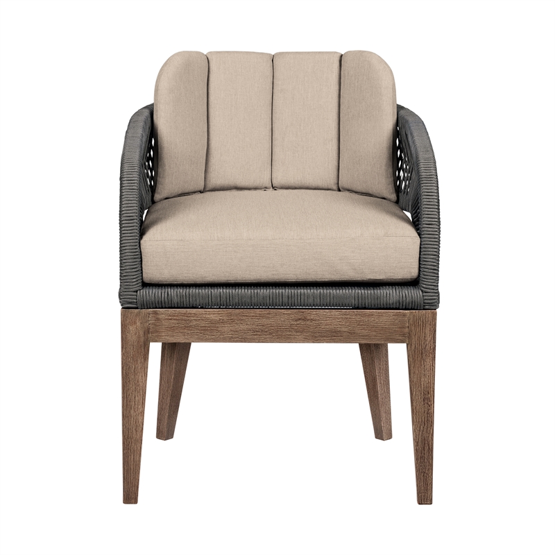 Orbit Outdoor Dining Chair in Eucalyptus Wood with Gray Rope and Taupe Cushions