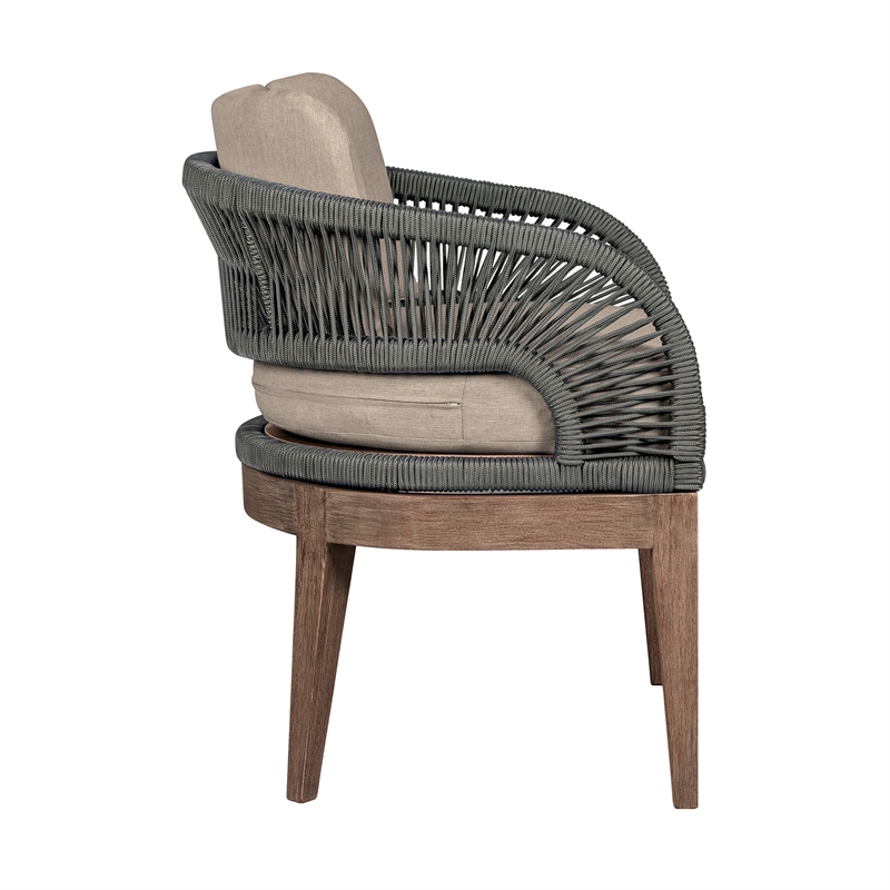 Orbit Outdoor Dining Chair in Eucalyptus Wood with Gray Rope and Taupe Cushions