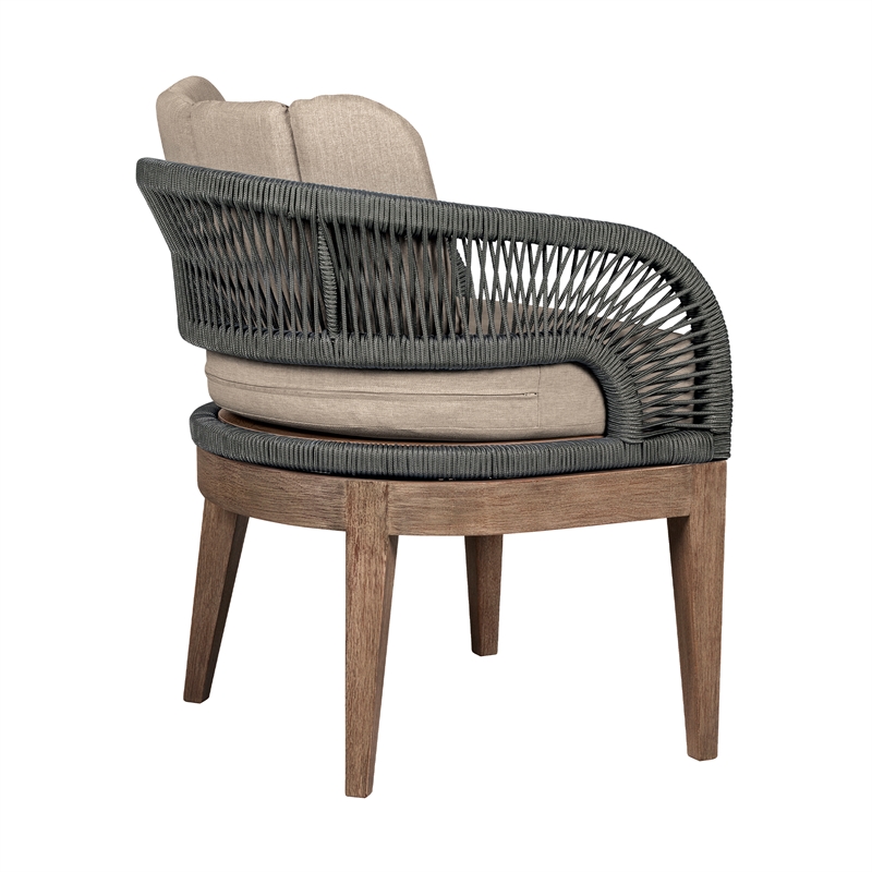 Orbit Outdoor Dining Chair in Eucalyptus Wood with Gray Rope and Taupe Cushions