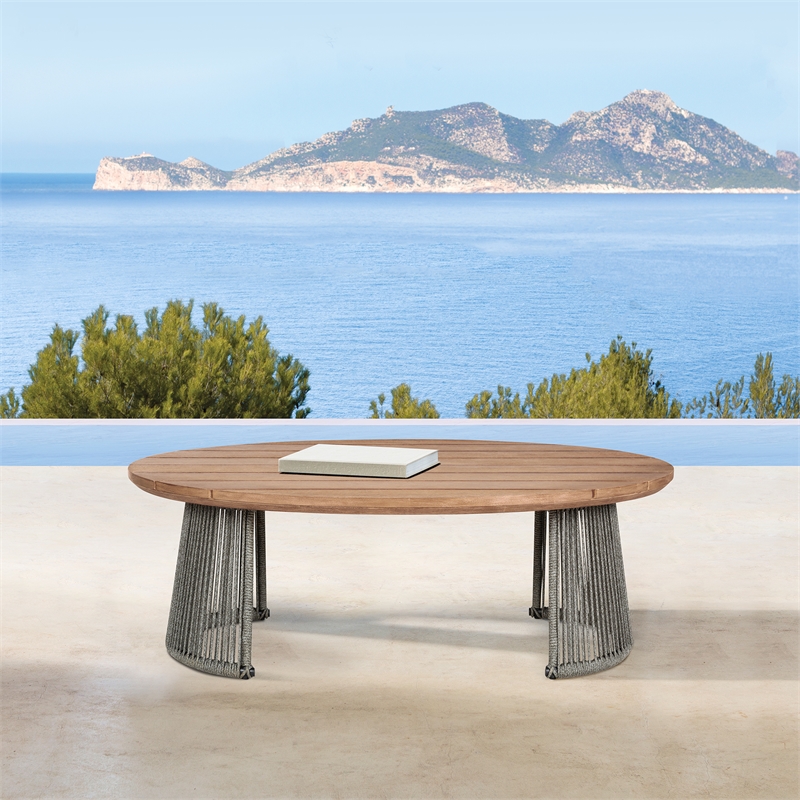 Orbit Outdoor Dining Chair in Eucalyptus Wood with Gray Rope and Taupe Cushions