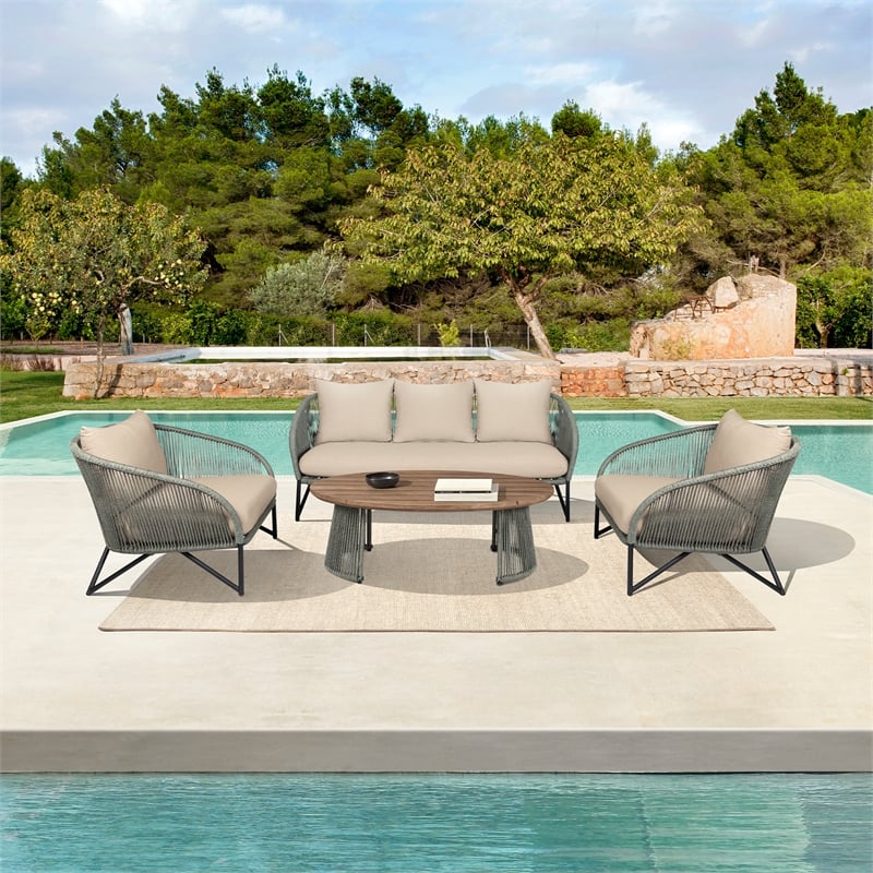 Orbit Outdoor Dining Chair in Eucalyptus Wood with Gray Rope and Taupe Cushions