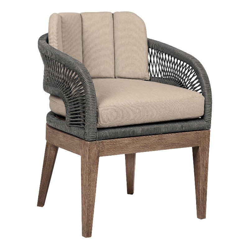 Orbit Outdoor Dining Chair in Eucalyptus Wood with Gray Rope and Taupe Cushions