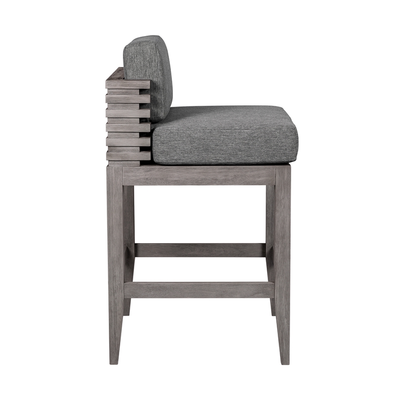 Vivid Outdoor Counter Stool in Gray Eucalyptus Wood with Gray Olefin Cushions