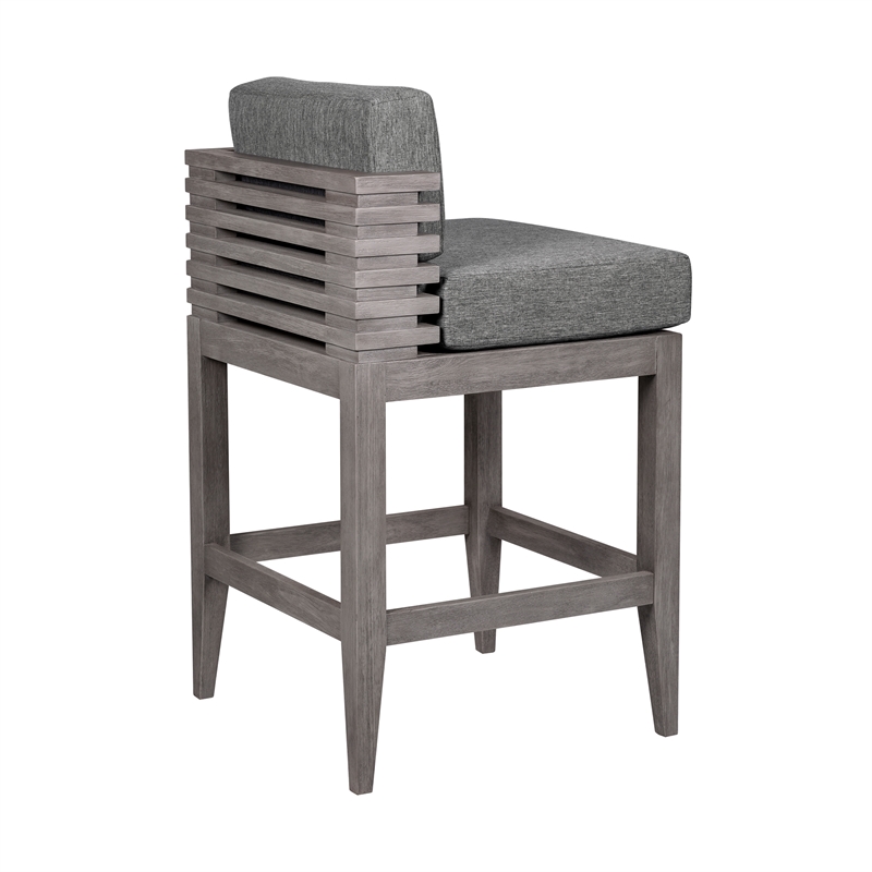 Vivid Outdoor Counter Stool in Gray Eucalyptus Wood with Gray Olefin Cushions
