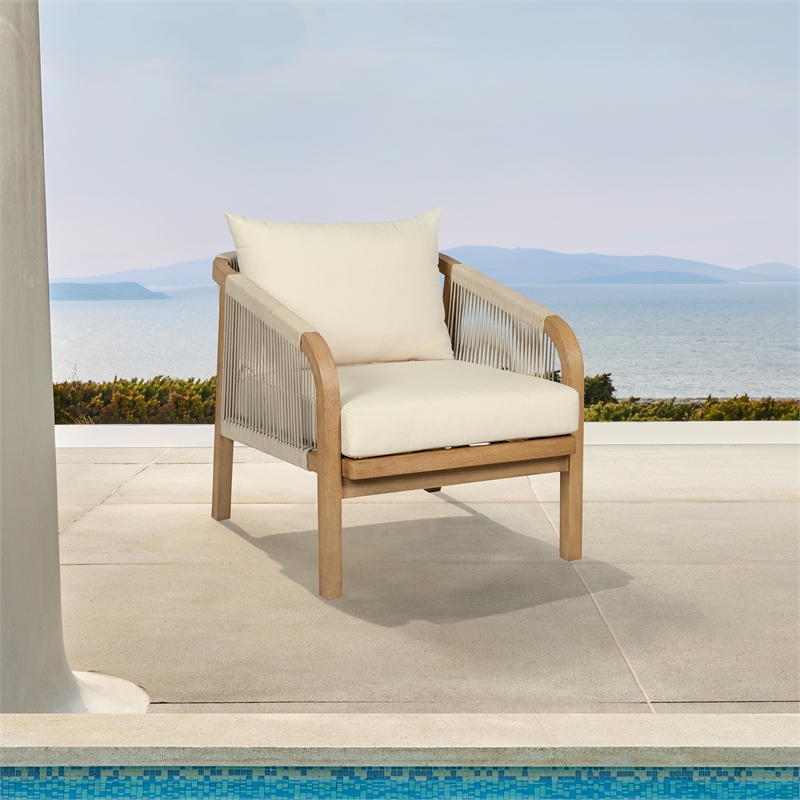 Vivid Outdoor Counter Stool in Gray Eucalyptus Wood with Gray Olefin Cushions