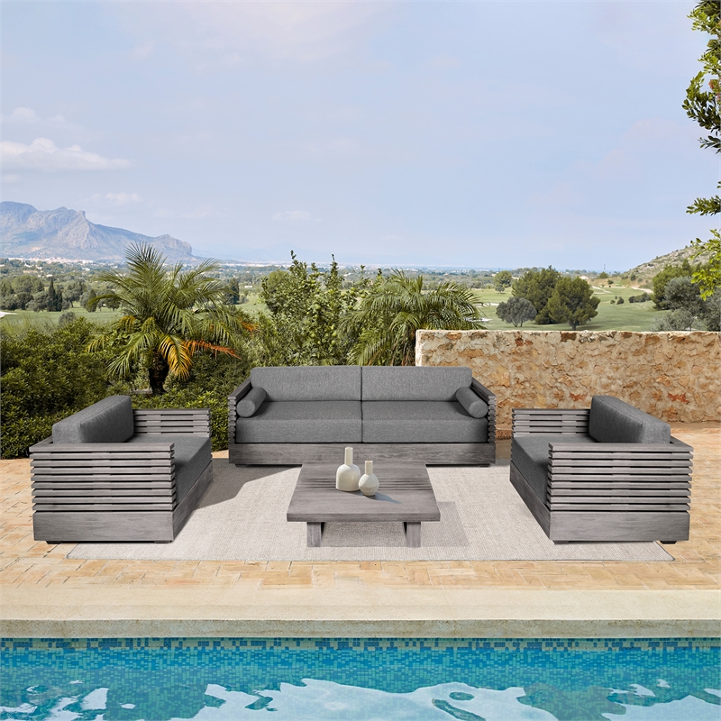 Glendora Doris Outdoor 7 Piece Live Edge Dining Set in Eucalyptus and Black Rope