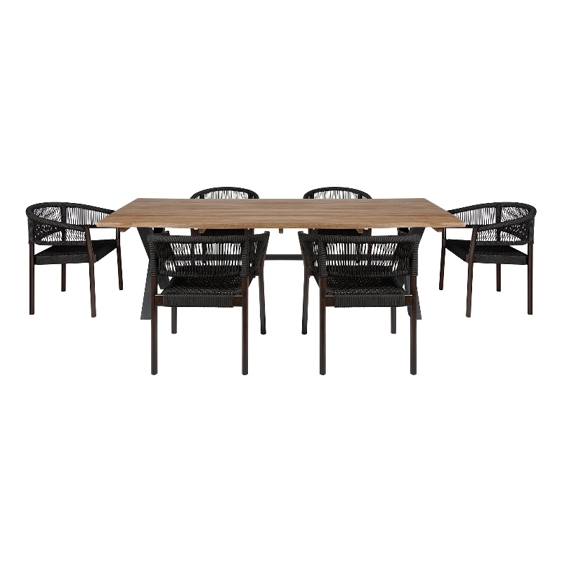 Glendora Doris Outdoor 7 Piece Live Edge Dining Set in Eucalyptus and Black Rope