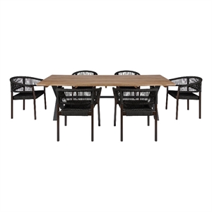 Glendora Doris Outdoor 7 Piece Live Edge Dining Set in Eucalyptus and Black Rope