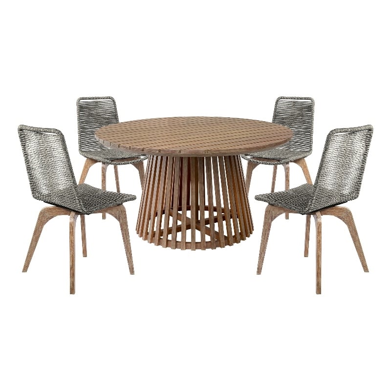 Escondido Island Outdoor 5 Piece Round Dining Set in Eucalyptus and Gray Rope