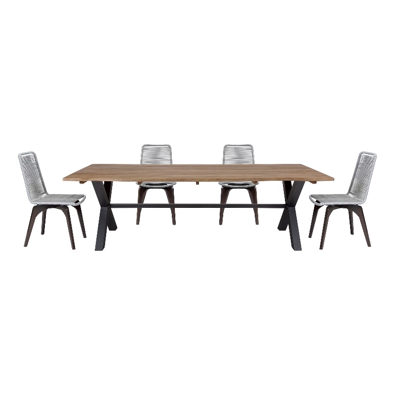 Glendora Island Outdoor 5 Piece Live Edge Dining Set in Eucalyptus and Rope